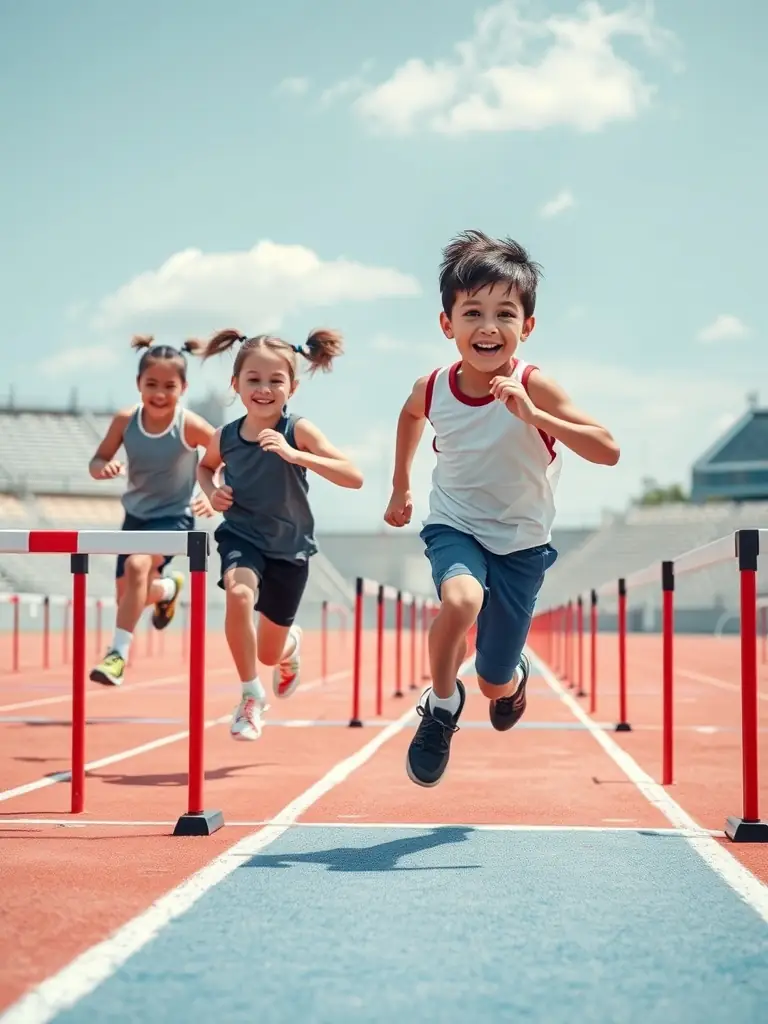 Kids participating in a track and field event, running and jumping, promoting physical fitness and personal achievement.