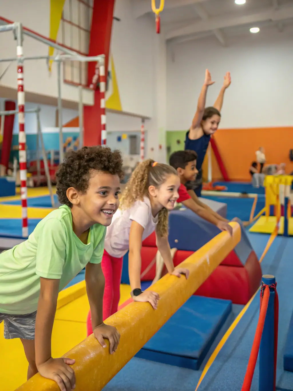 A diverse group of children are engaged in a gymnastics class, performing various exercises and routines under the guidance of an instructor.