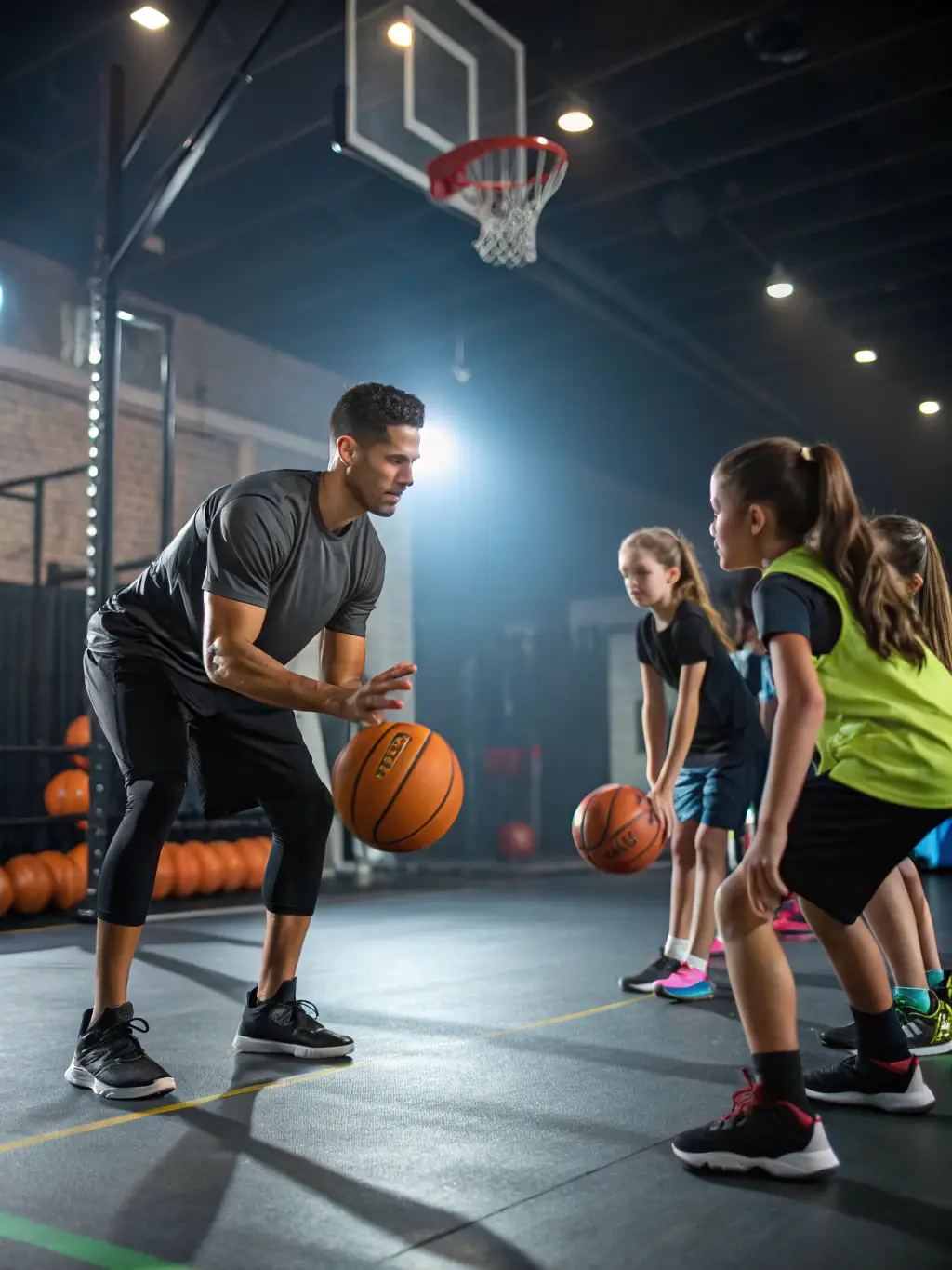 A young athlete receiving guidance from a coach during a basketball training session, emphasizing the personalized attention and mentorship provided by LA JEUNE AUVERGNE.