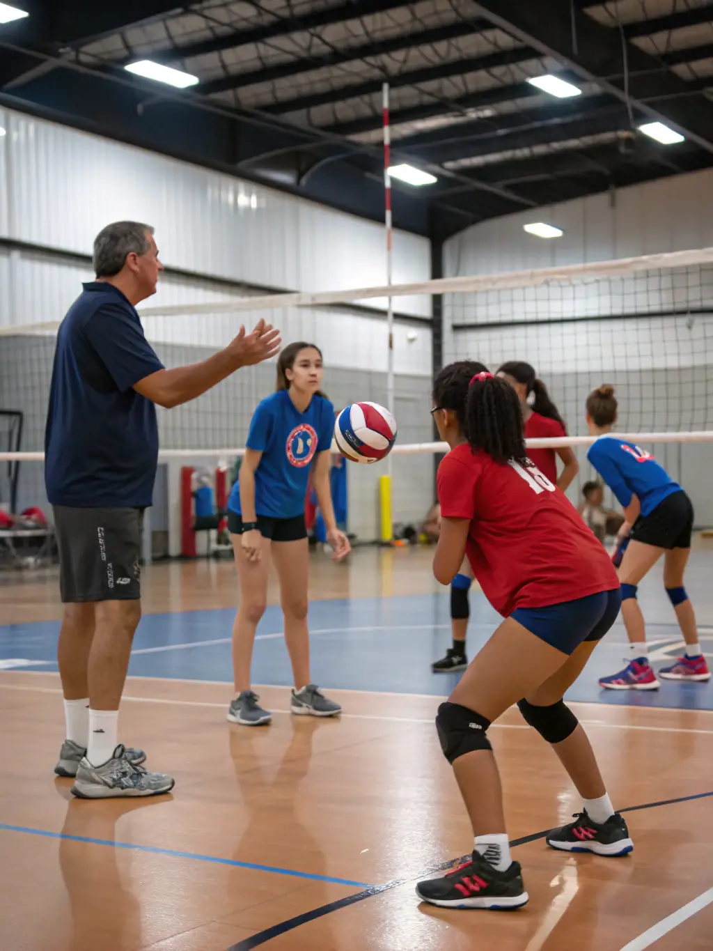 Children engaged in a volleyball match, demonstrating teamwork and coordination as they play on an indoor court.