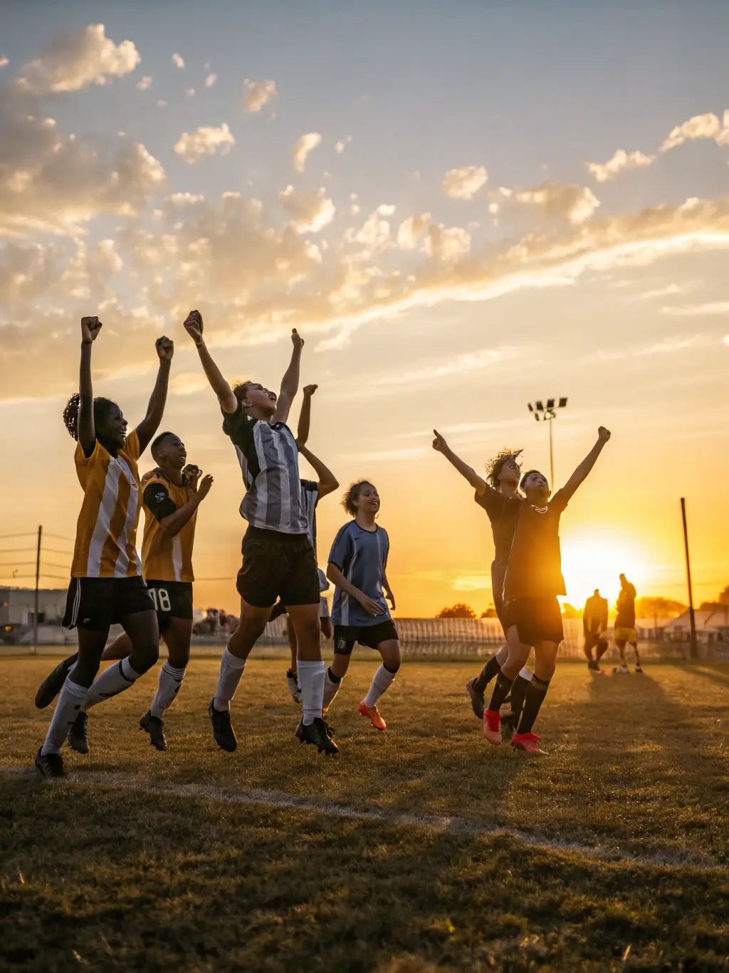 A group of young athletes celebrating a victory, showcasing teamwork and sportsmanship in a soccer match organized by LA JEUNE AUVERGNE.