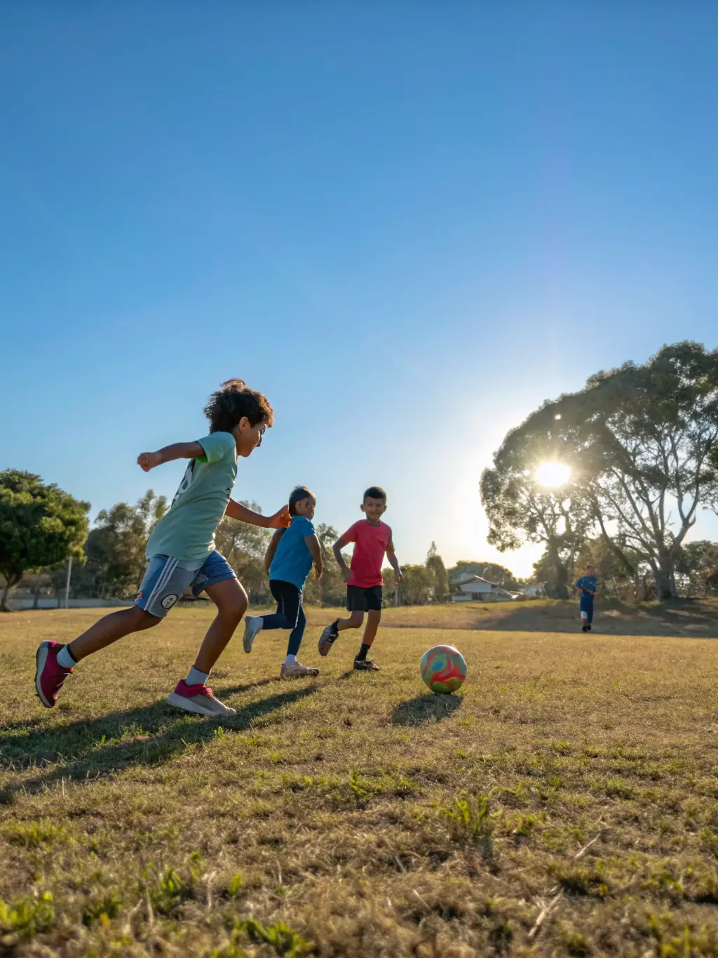A group of young children in sports uniforms are playing soccer on a green field during a sunny day, showcasing teamwork and physical activity.