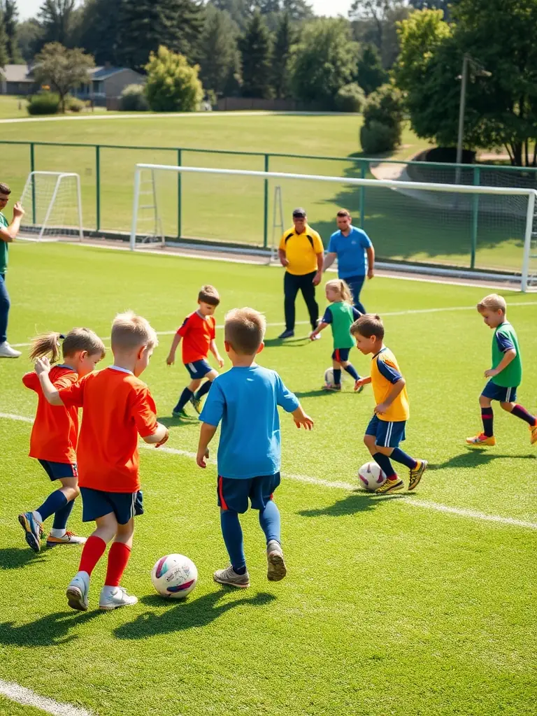 Young students practicing their football skills on a well-maintained field, showcasing teamwork and coordination during a training session.
