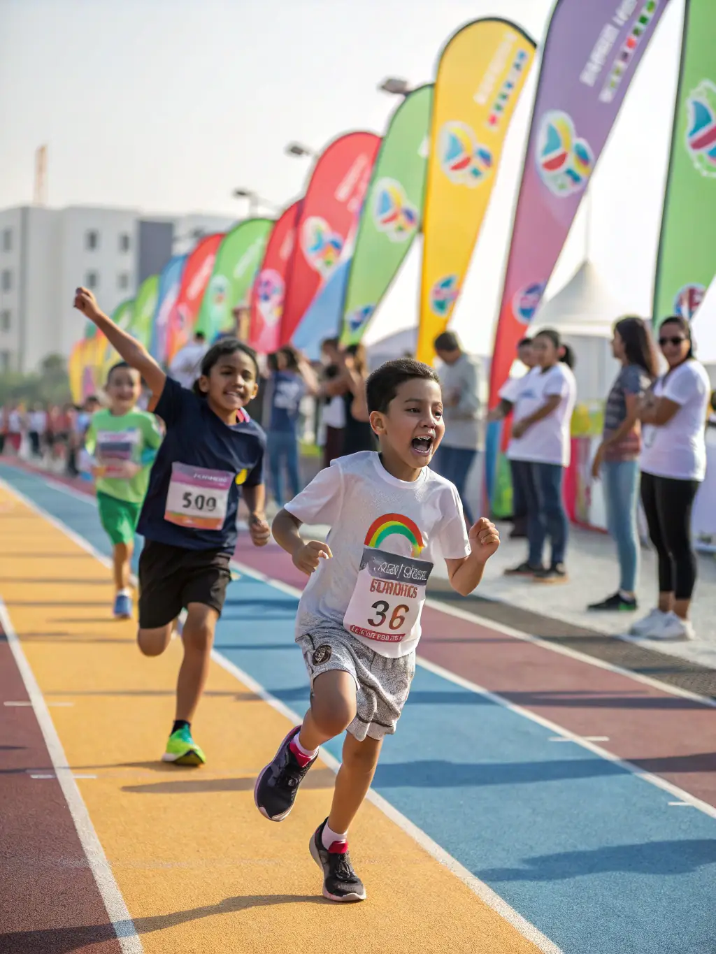 A group of children participating in a track and field event, running on a track with enthusiasm and determination, cheered on by spectators.