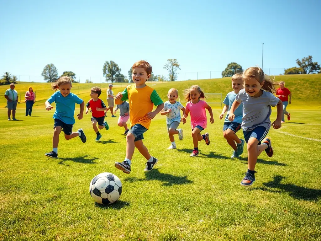 An action shot of young participants engaged in a soccer match, highlighting the excitement and competitive spirit of the sport.