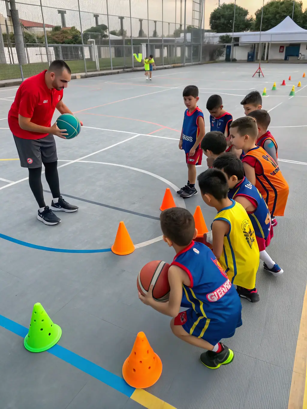 A group of young athletes participating in a basketball training session, focusing on dribbling skills, with a coach providing guidance in a gymnasium setting.