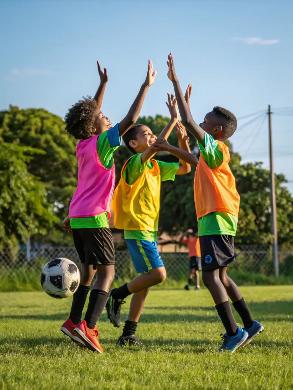 A team of young soccer players celebrating a goal during a match, emphasizing sportsmanship and camaraderie.