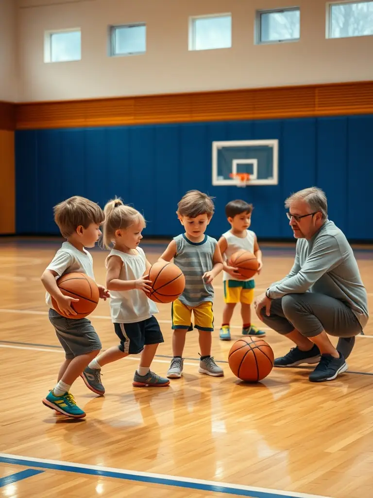 A group of young athletes playing basketball in a gymnasium, focusing on teamwork and coordination.