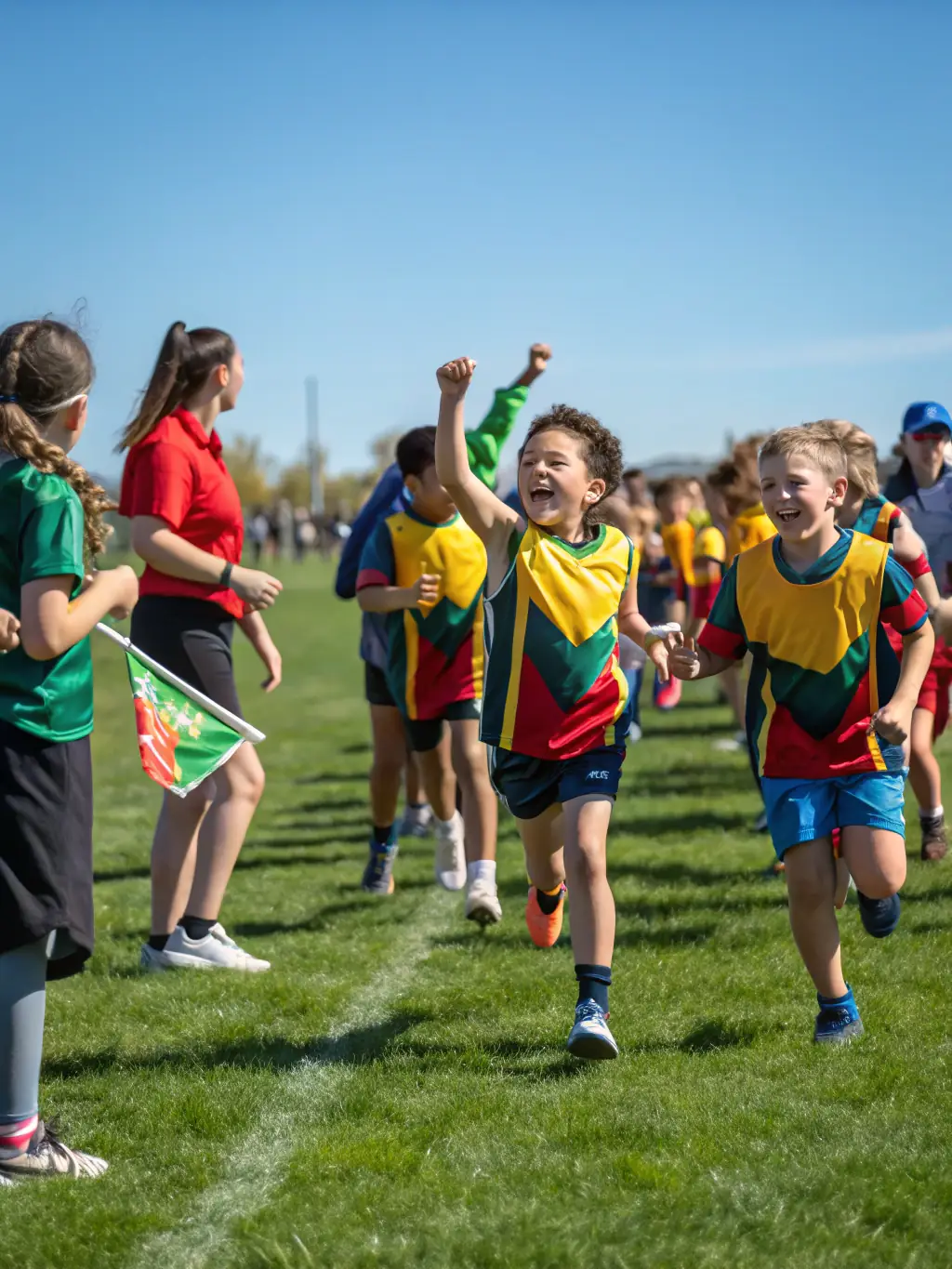 Students are participating in a track and field event, running, jumping, and throwing under the supervision of coaches and volunteers.
