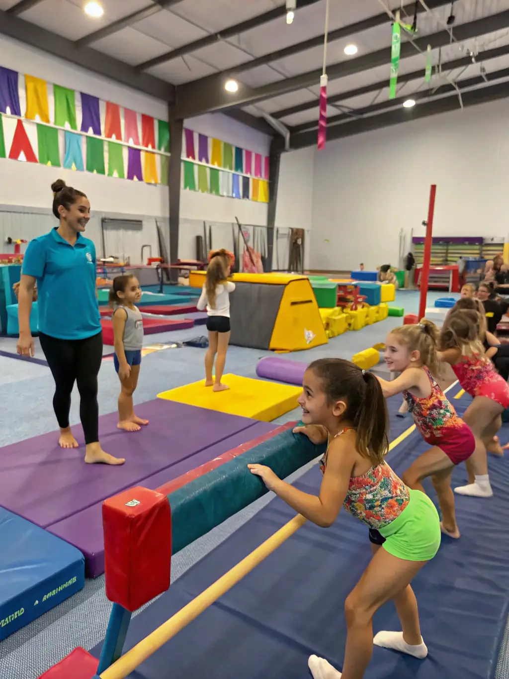 Children practicing gymnastics on mats, showcasing flexibility and balance.