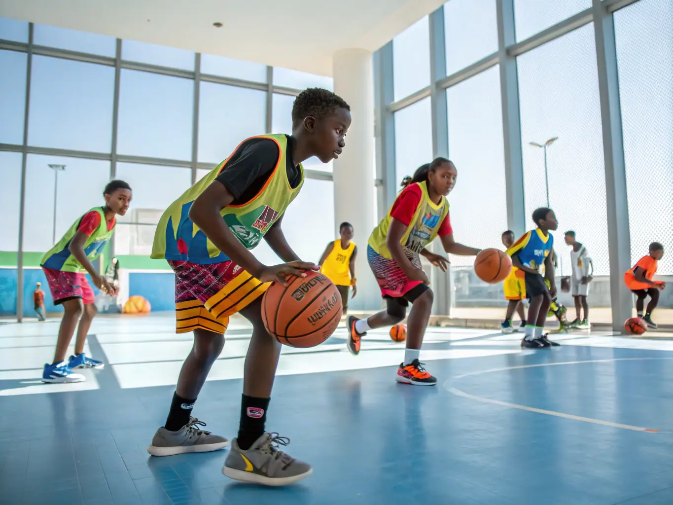 A vibrant image of young athletes participating in a basketball training session, showcasing teamwork and skill development.